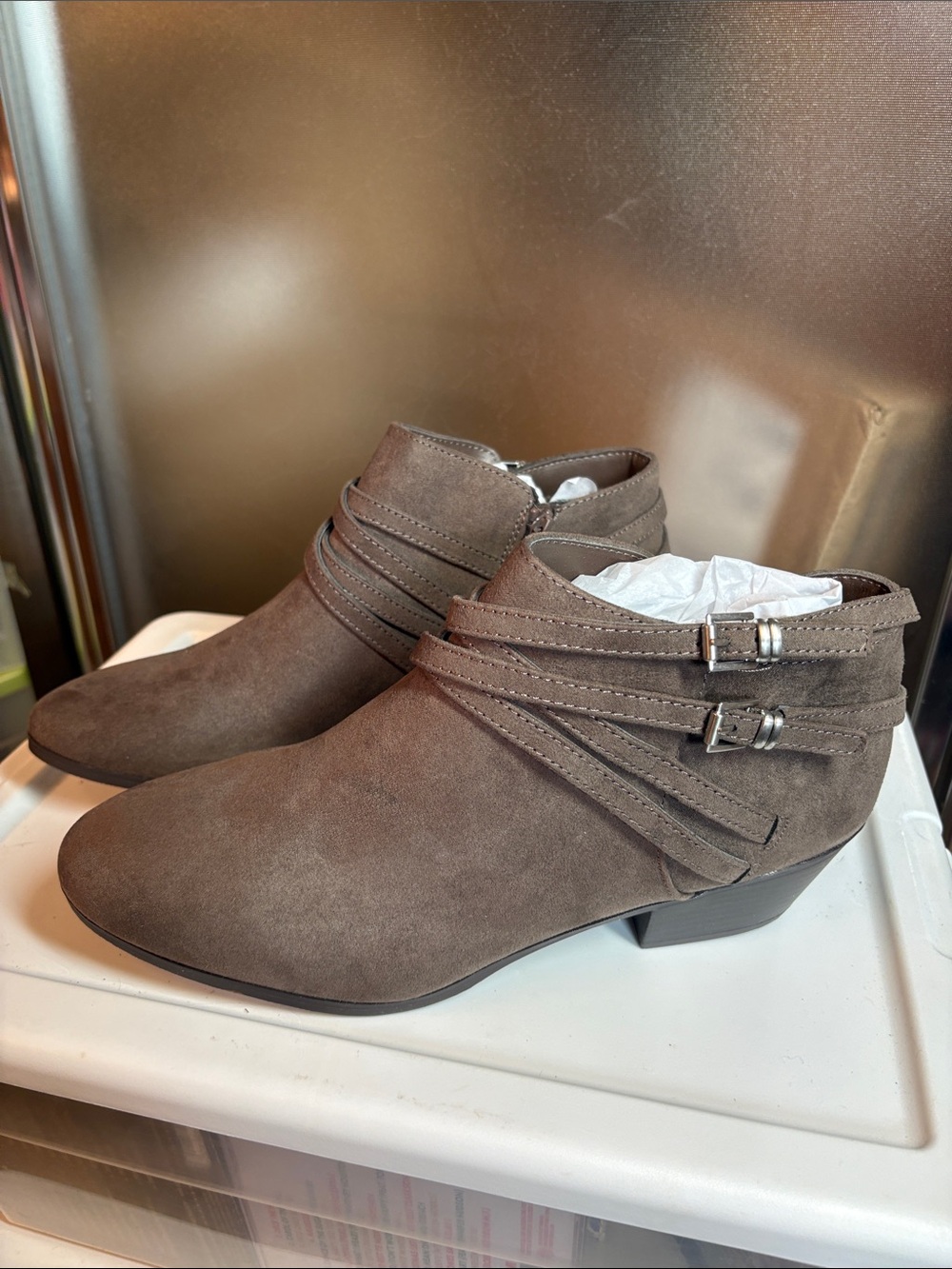 Women's Taupe Suede Ankle Booties with Buckle Detail